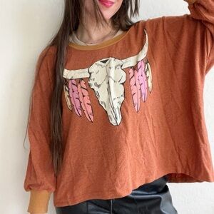 Wildfox Steer Skull Nevada Outlaw Feathers Oversized Jumper